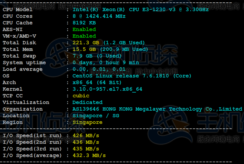 Megalayer新加坡服务器速度和性能评测（E3-1230方案）